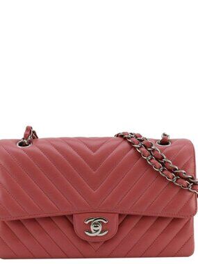 Chanel Classic Double Flap Medium Chevron Leather Shoulder Bag Peach